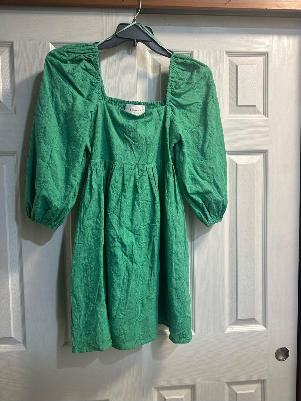 Pomander Place Green Puff-Sleeve Eyelet Mini Dress